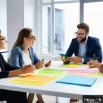 Home 22 혁신경영컨설팅 워크숍 리더십 스킬 - A modern, bright office meeting room with a diverse team of professionals—young graduates, seniors, ...