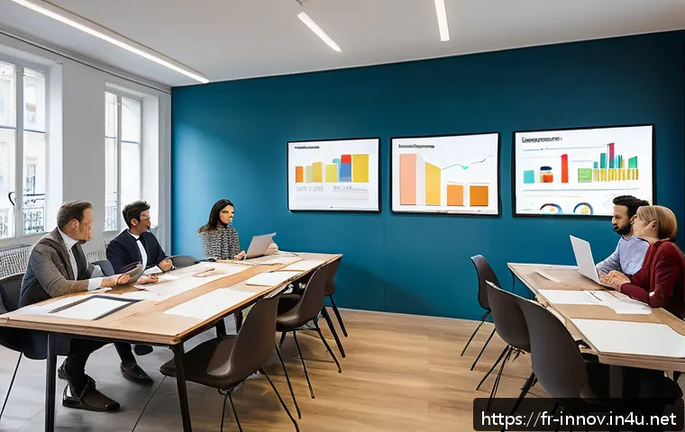 혁신경영컨설팅 고객 피드백 활용법 - A modern corporate workshop scene in a bright, spacious office in Paris, featuring a diverse group o...