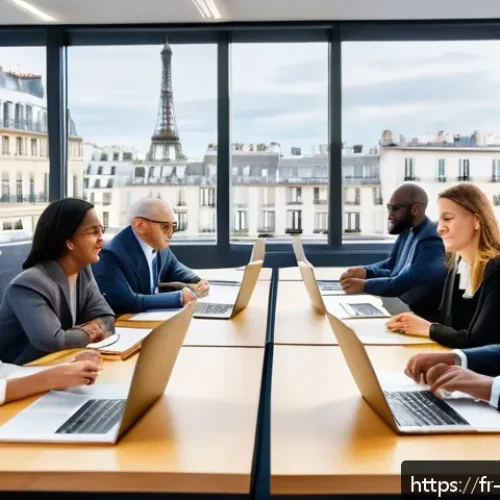 Home 32 혁신경영과 리더십의 관계 - A modern French office environment during a lively brainstorming session, diverse team members of va...