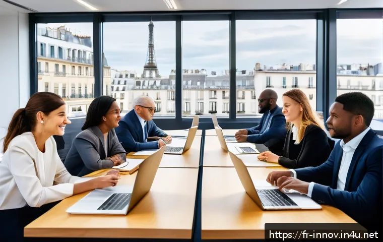 혁신경영과 리더십의 관계 - A modern French office environment during a lively brainstorming session, diverse team members of va...